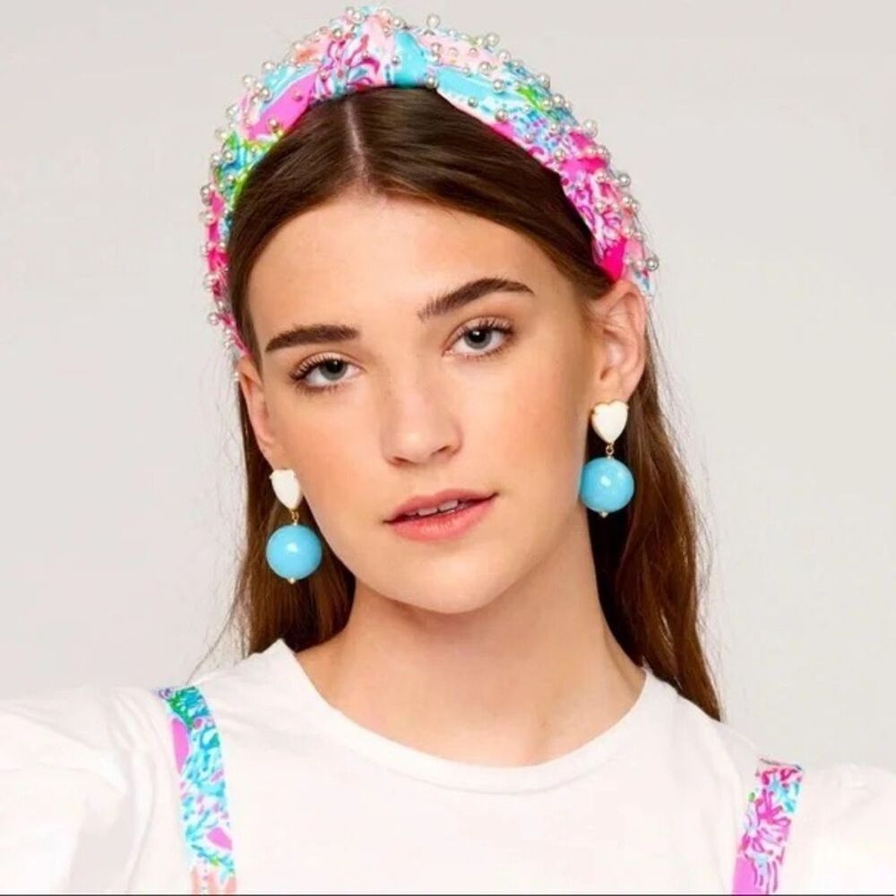 NWT Lilly Pulitzer Blue Horizon Coming In Hot Embellished Pearl Knot Headband